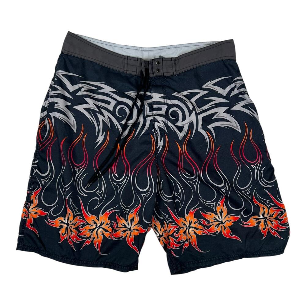 Vintage OP Ocean Pacific Board Shorts Mens 36 Black Tribal Flame Surf Beach Y2K